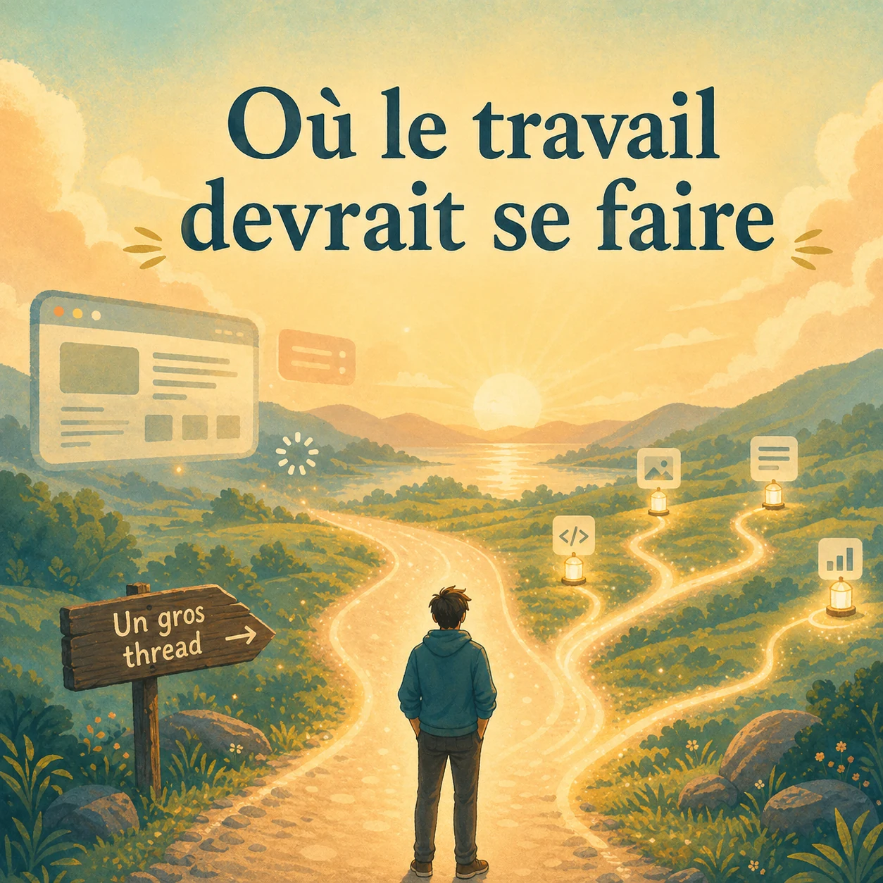 Couverture illustr&eacute;e montrant un paysage calme, le titre int&eacute;gr&eacute; et un grand chemin qui se divise en plus petits chemins lumineux